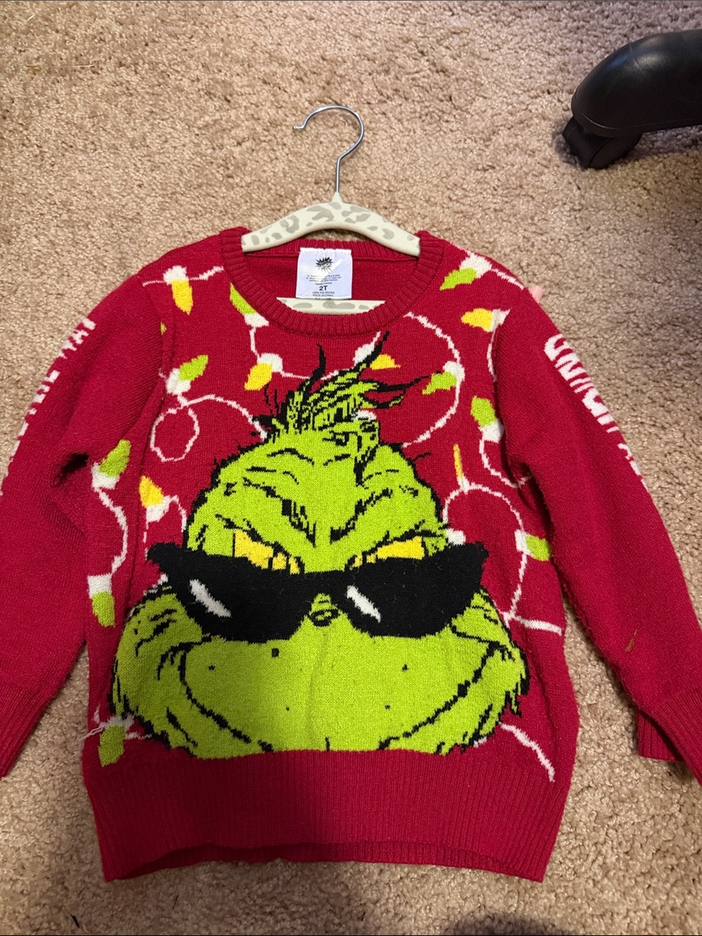Kids Red Grinch-Inspired Knit Sweater with Sunglasses Graphic
